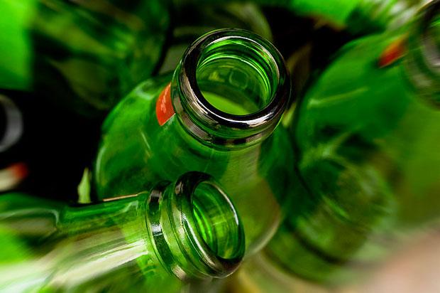Glass green beer bottles