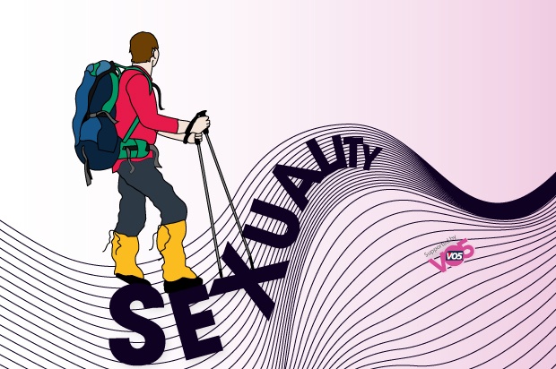 Illustration of a hiker hiking over the words sexuality