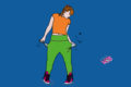 Illustration of a girl in and orange tp and green trousers enptying her pockets looking for money