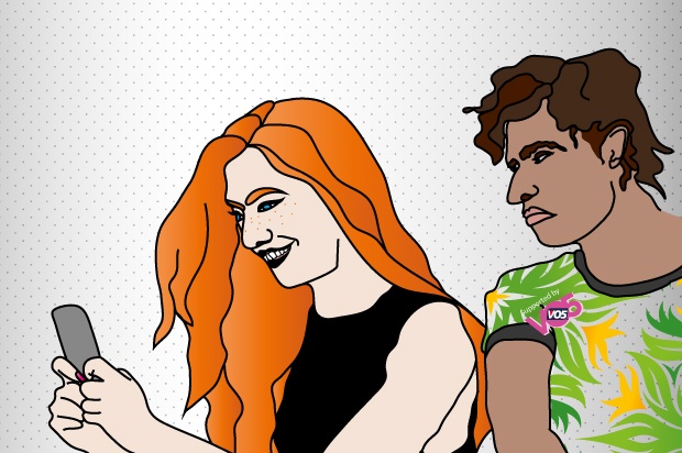 Illustration of girl with long ginger hair looking at her phone smiling, whilst a boy is looking worryingly from behinf her at her phone spying on what shes looking at.