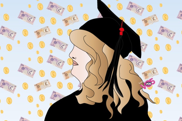 Raining money over a university student in her graduation gown