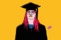 Illustration of a girl in her graduation cloak and hat just looking into the distance with no emotion on her face