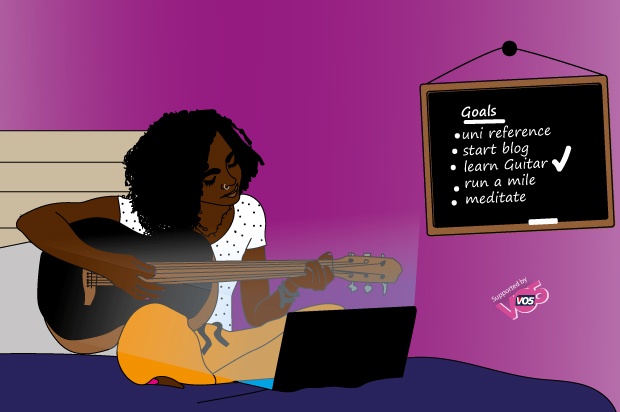 Illustration of a girl with a spotted top on a and yellow trousers on her bed learning to play the guitar