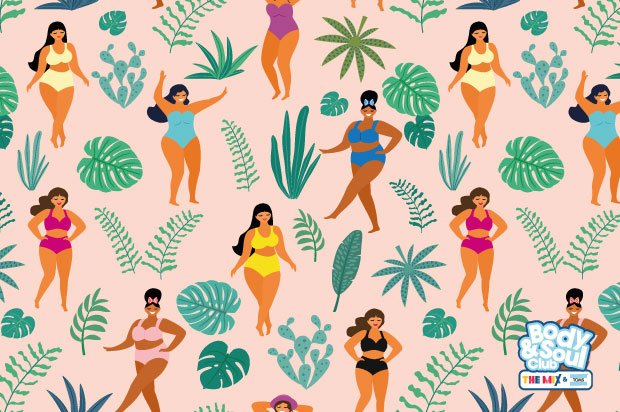 An illustration of women dancing in bikinis surrounded by foliage