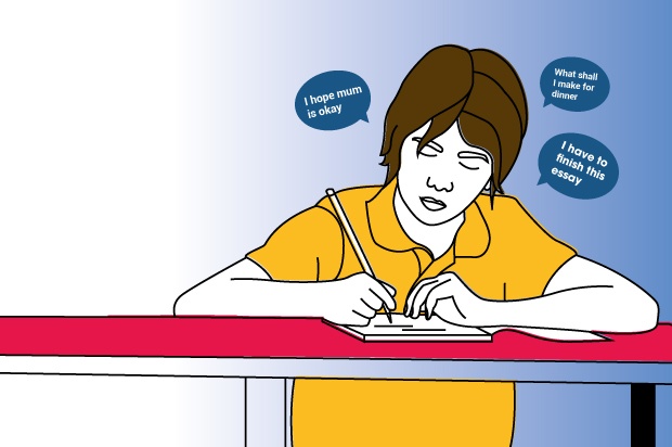 An illustration of a young carer in an orange shirt sitting at a pink desk with thought bubbles above their head