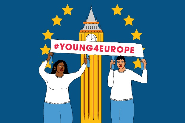 An illustration of two young people in front of Big be, holding a sign that says "Young4Europe"