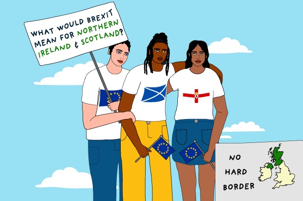An illustration of three young people standing in a row. One is holding a sign that says "What would Brexit mean for Northern Ireland and Scotland?"