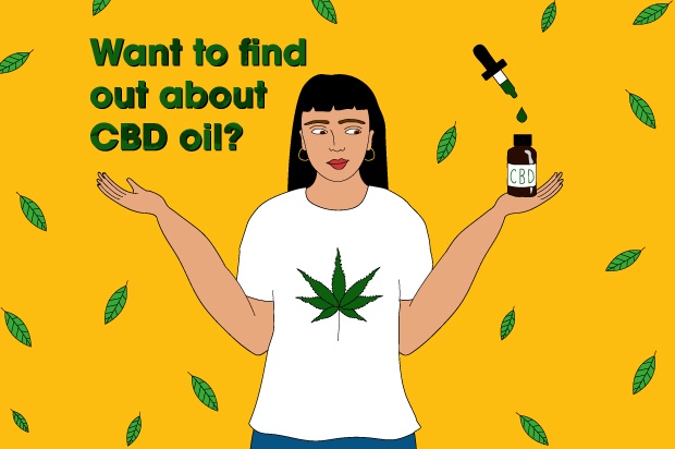 An illustration of a young woman against a yellow background holding a bottle of CBD oil. The text abover her reads: "Want to find out about CBD oil?"