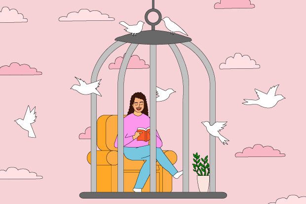 Illustration shows a young woman sitting on a sofa reading. She is in a cage with birds flying around her.