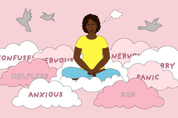A young woman sits on a cloud in a pink sky. The clouds she sits on say words such as "anxiou" and "nervous"