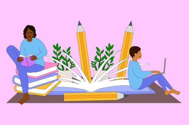Illustration shows two young people studying. They are sitting on a giant book and behind them are huge pencils.