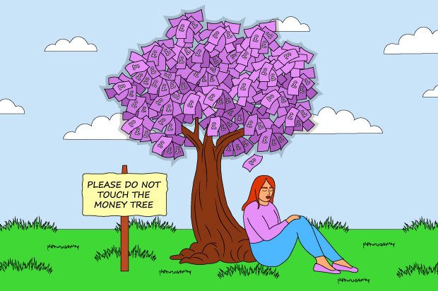 Illustration shows a young person sat by a money tree, next to a sign which says ‘Do not touch the money tree’