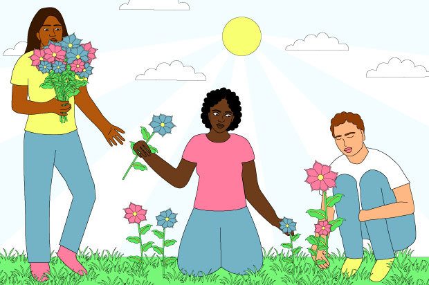 Illustration shows three young people picking flowers and handing them to one another