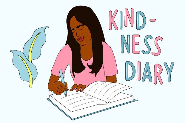 Illustration shows a young person writing in a diary looking happy. The text above reads: "Kindness Diary"