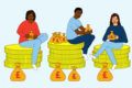Illustration shows three young people sitting on piles of giant coins