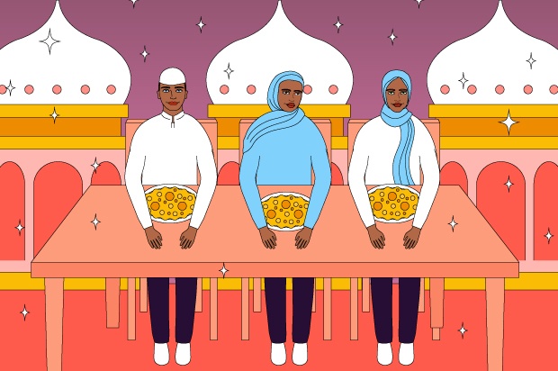 Illustration shows three young people about to feast for Eid