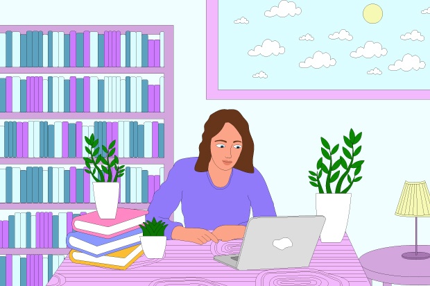 llustration shows a young person studying at home on a laptop, with a pile of books next to them