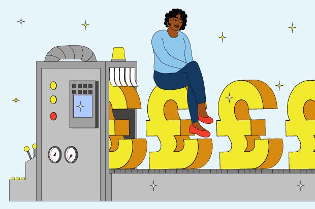 Illustration shows a money-making machine and a young person sitting on top of it