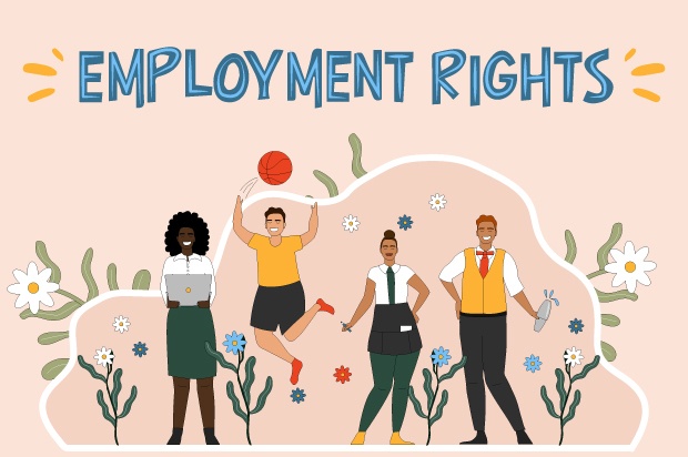 Illustration shows young people in their work uniforms, surrounded by plants and flowers. The text above reads. "Employment Rights"