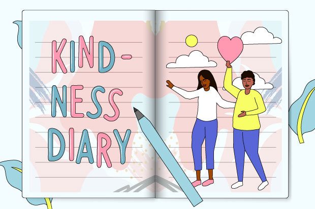 Illustration shows two young people on the page of a diary (one is holding a heart. The other page says: "Kindness Diary"