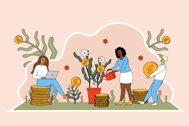 Illustration shows three young people young surrounded by money, with the middle person watering a money plant