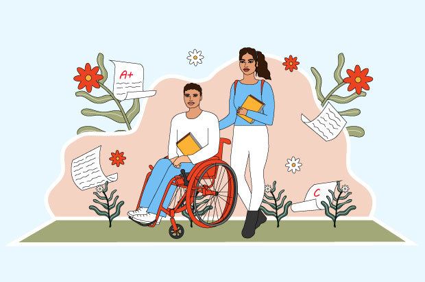Illustration shows a young person in a wheelchair holding books, next to another young person who is also holding books.