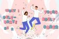 Illustration shows two young people dancing for joy against a pink background. The text around them reads: "what I celebrate as a young carer"