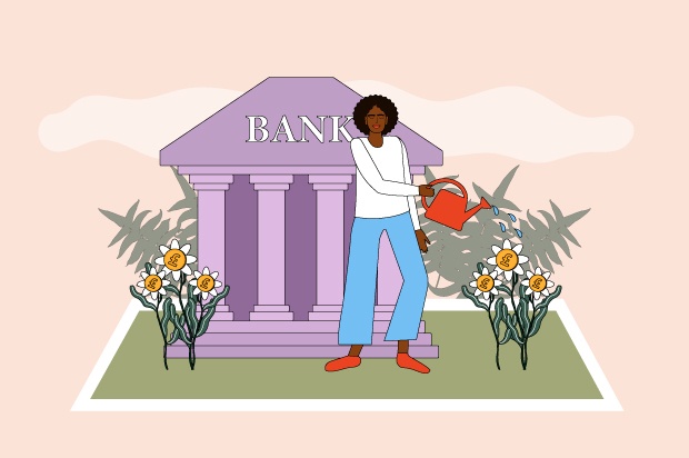 Illustration shows a young Person watering plants in front of a purple bank building.
