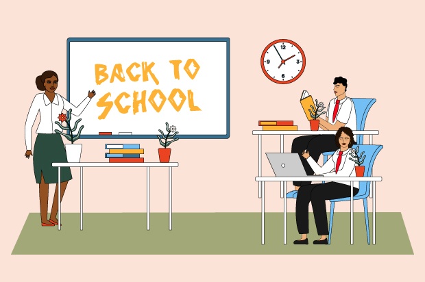 Illustration shows young people in a classroom with a teacher. The board reads: "back to school"