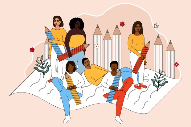 Illustration shows a group of young people sitting on a giant letter holding pencils